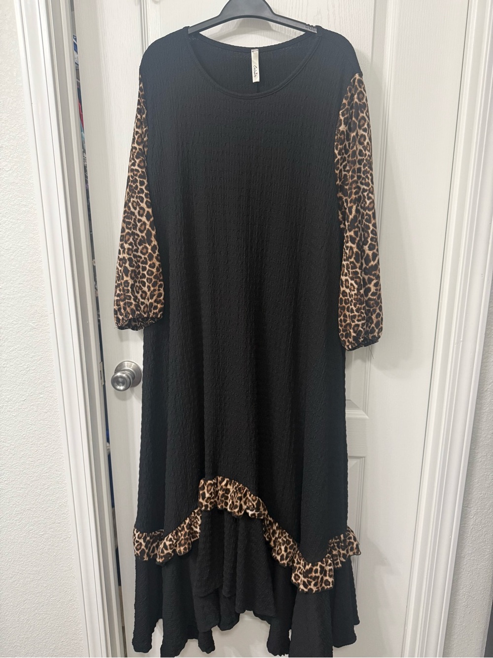Celeste Black Dress with Leopard Print Sleeves and Hem
